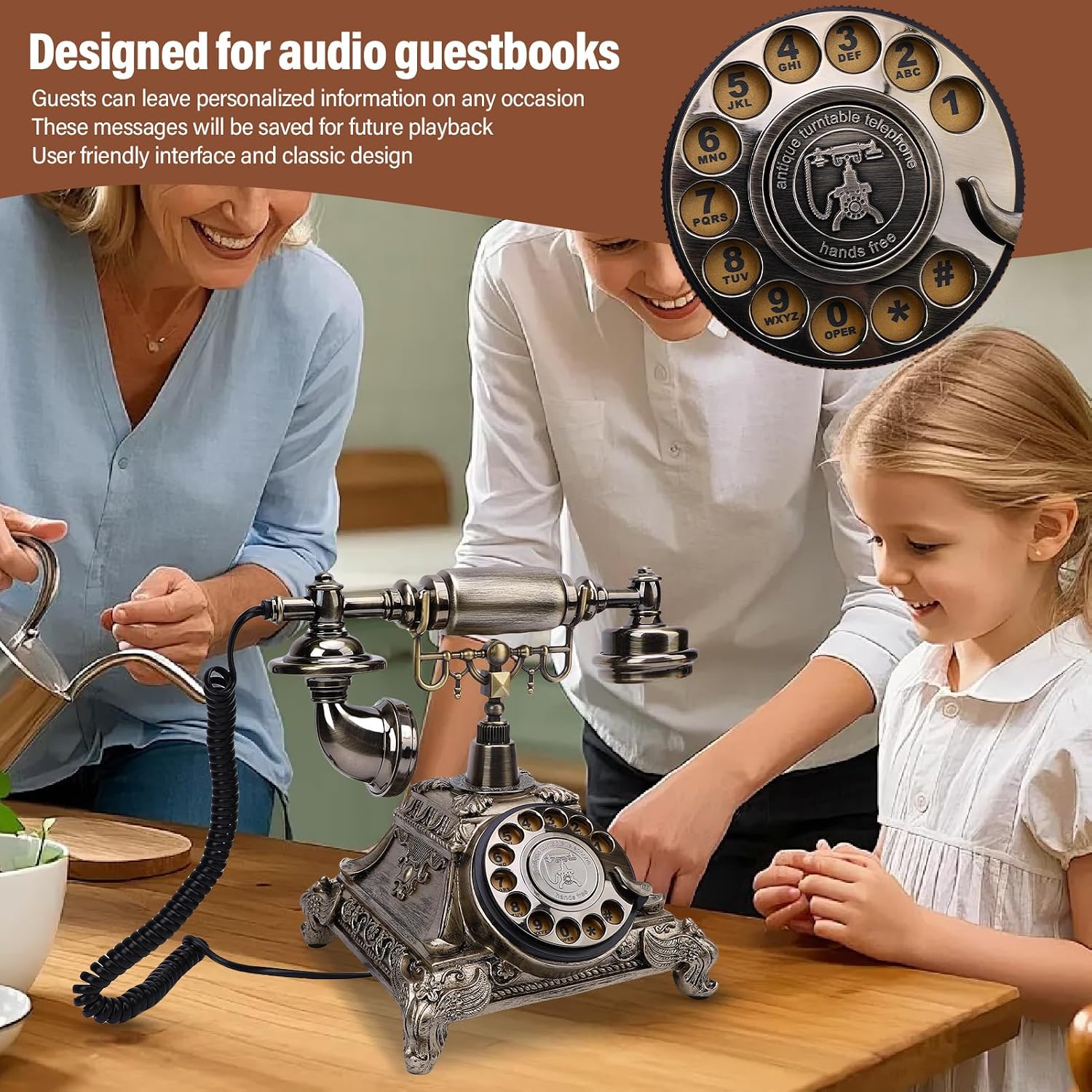 Sanpyl Audio Guest Book Phone, 32G Capacity Vintage Audio GuestBook Wedding Phone, Retro Telephone Customized Voice Message for Wedding Party (Antique Brass Color)