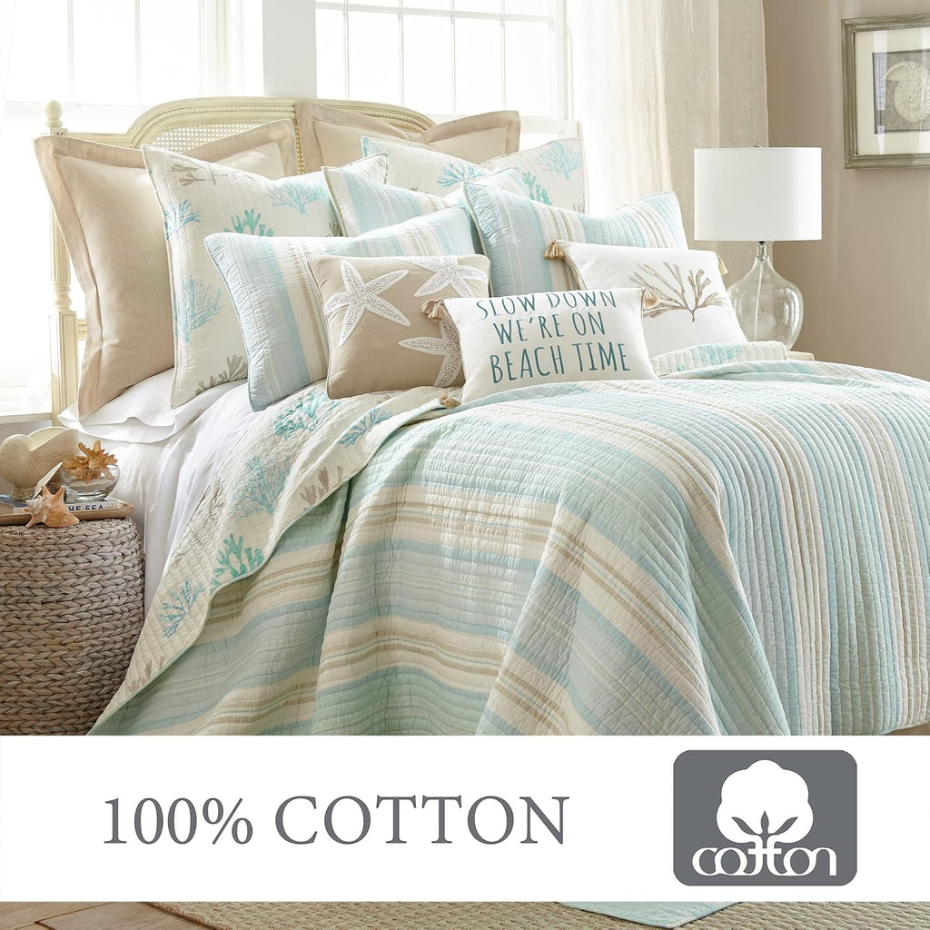 Levtex Home - Stone Harbor Twin/Twin XL Quilt - Striped Coastal - Light Blue, Taupe, & Cream - Quilt Size 68x86in. and One Sham Size 20x26 - Reversible - Cotton Fabric