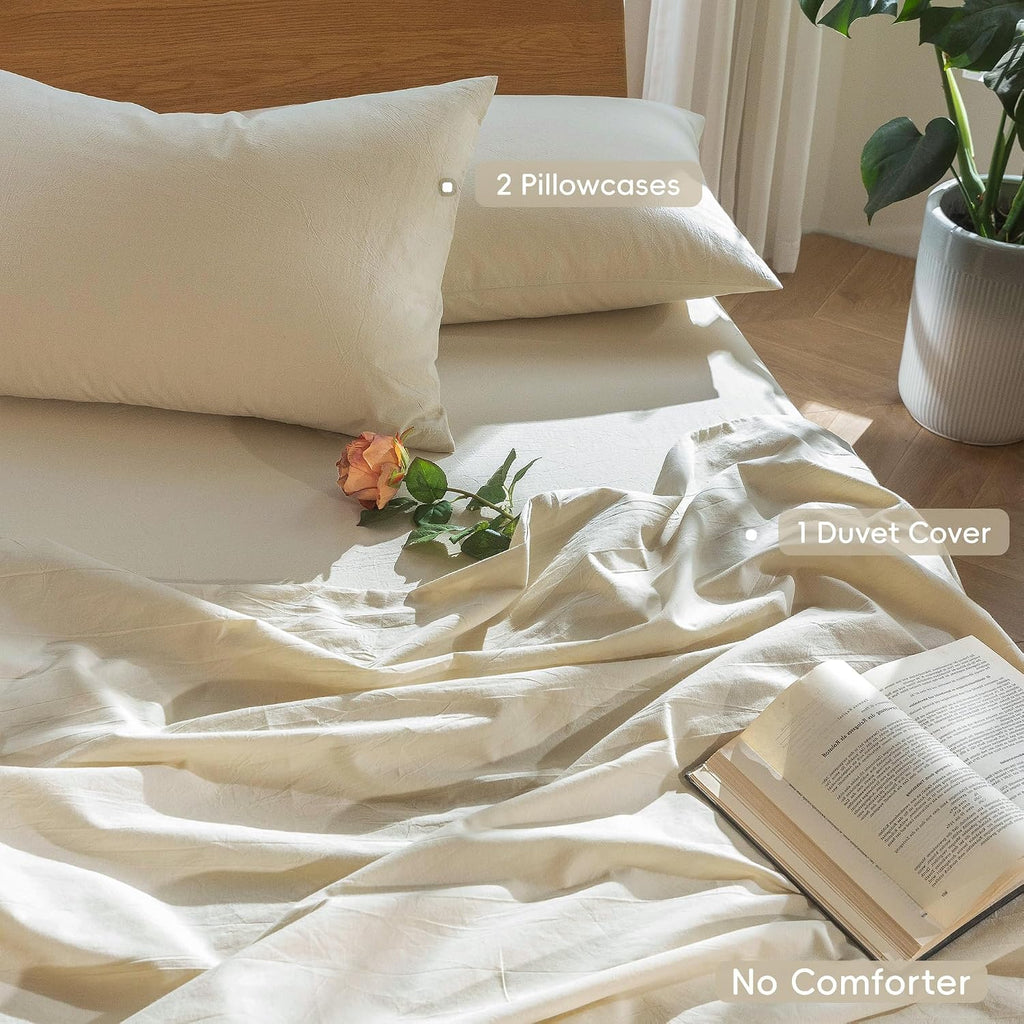 MooMee Bedding Duvet Cover Set 100% Washed Cotton Linen Like Textured Breathable Durable Soft Comfy (Heathered Almond Milk Grey, Oversized King Plus 128'x120')