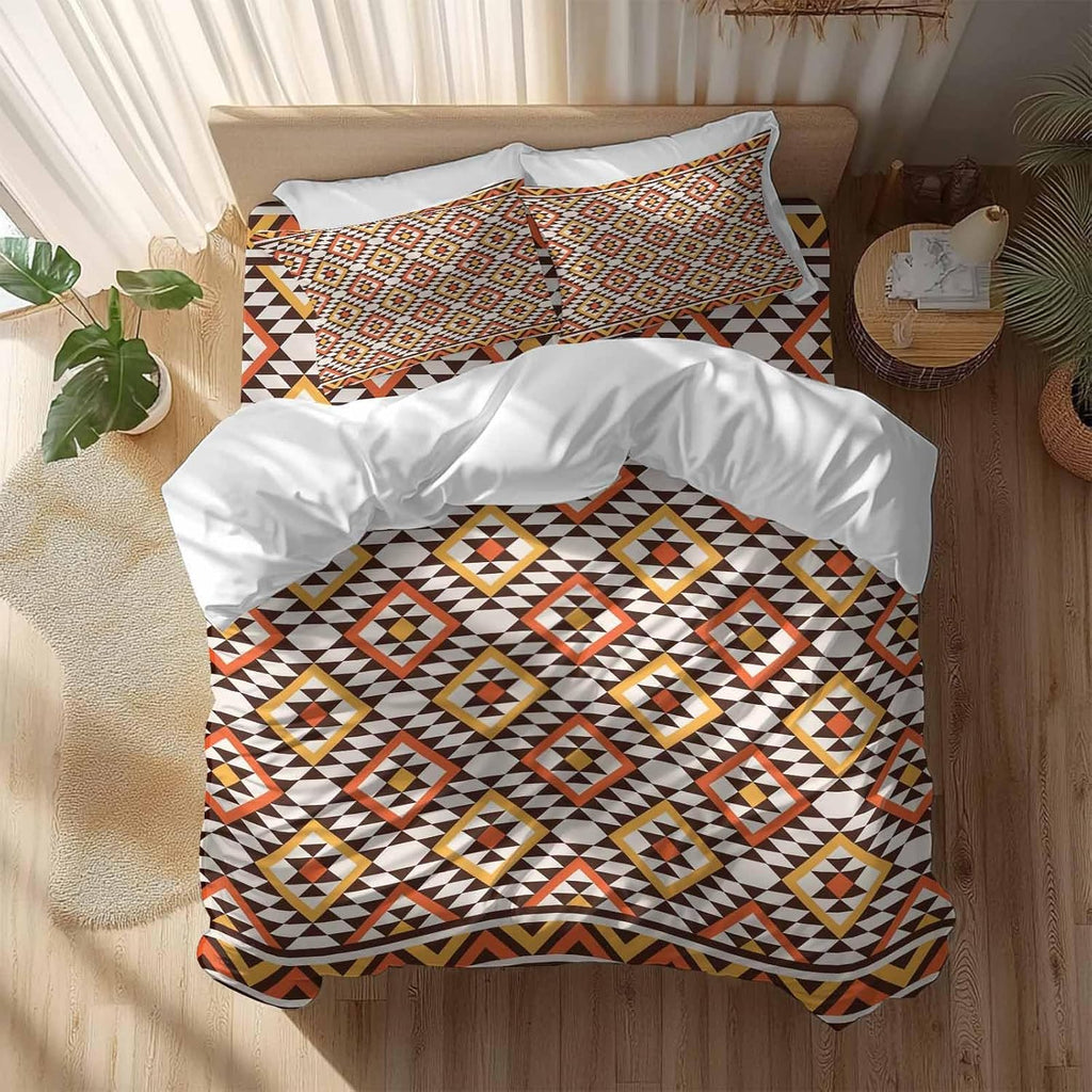 Native Striped Duvet Cover Set Queen Size 4 Pieces Yellow Orange Tribe Geometric Abstract Ethnic Plaid Bedding Set with Zipper Closure, 1 Comforter Cover 92x106 Inches 1 Flat Sheet & 2 Pillow Cases