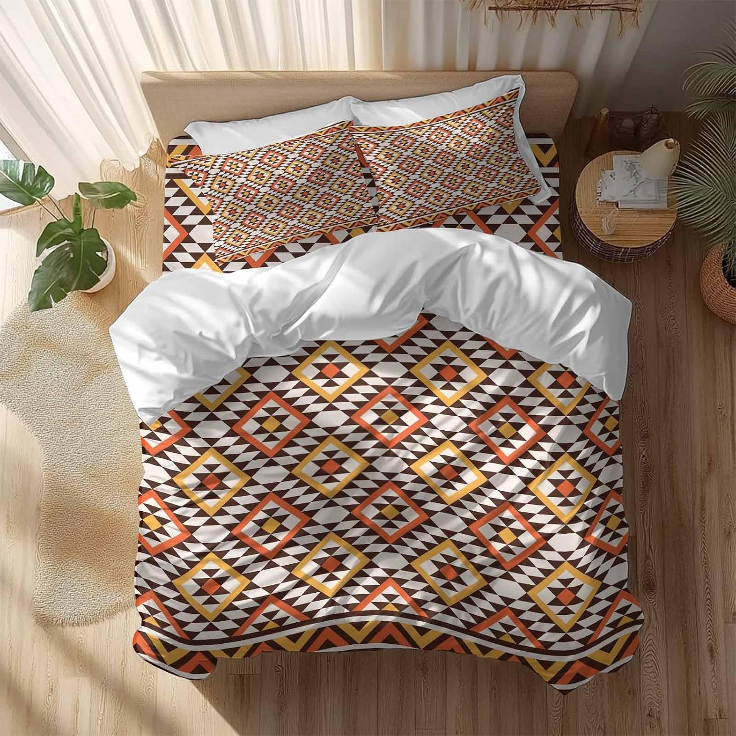 Native Striped Duvet Cover Set Queen Size 4 Pieces Yellow Orange Tribe Geometric Abstract Ethnic Plaid Bedding Set with Zipper Closure, 1 Comforter Cover 92x106 Inches 1 Flat Sheet & 2 Pillow Cases
