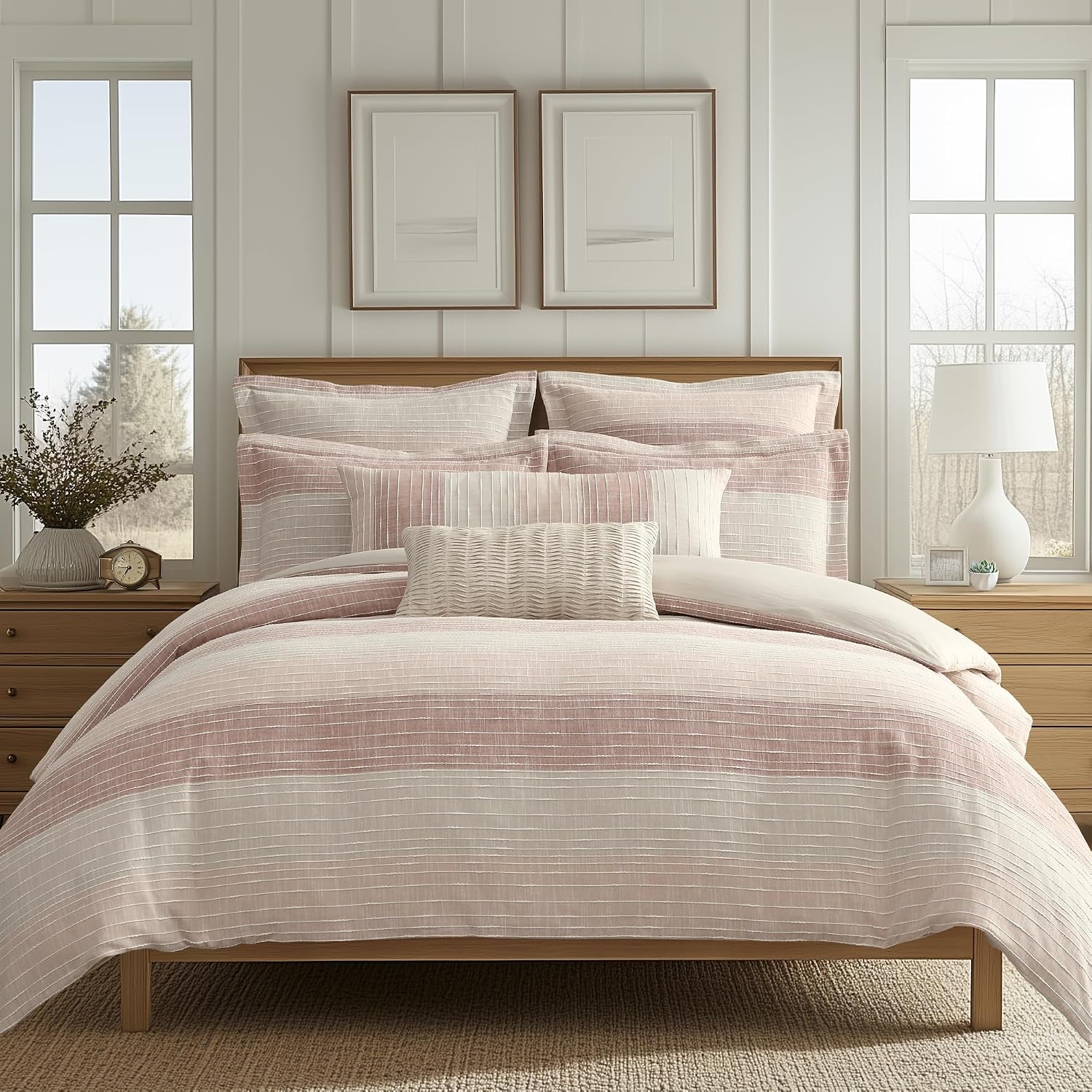 Levtex Home Sand Stripes Blush Full/Queen Comforter Set (90x94in) with 2 Pillowcases (26x20in) - Woven Jacquard Stripe - Pink, Dusty Rose, Cream, White - Cotton Full/Queen Size Comforter Set - Soft