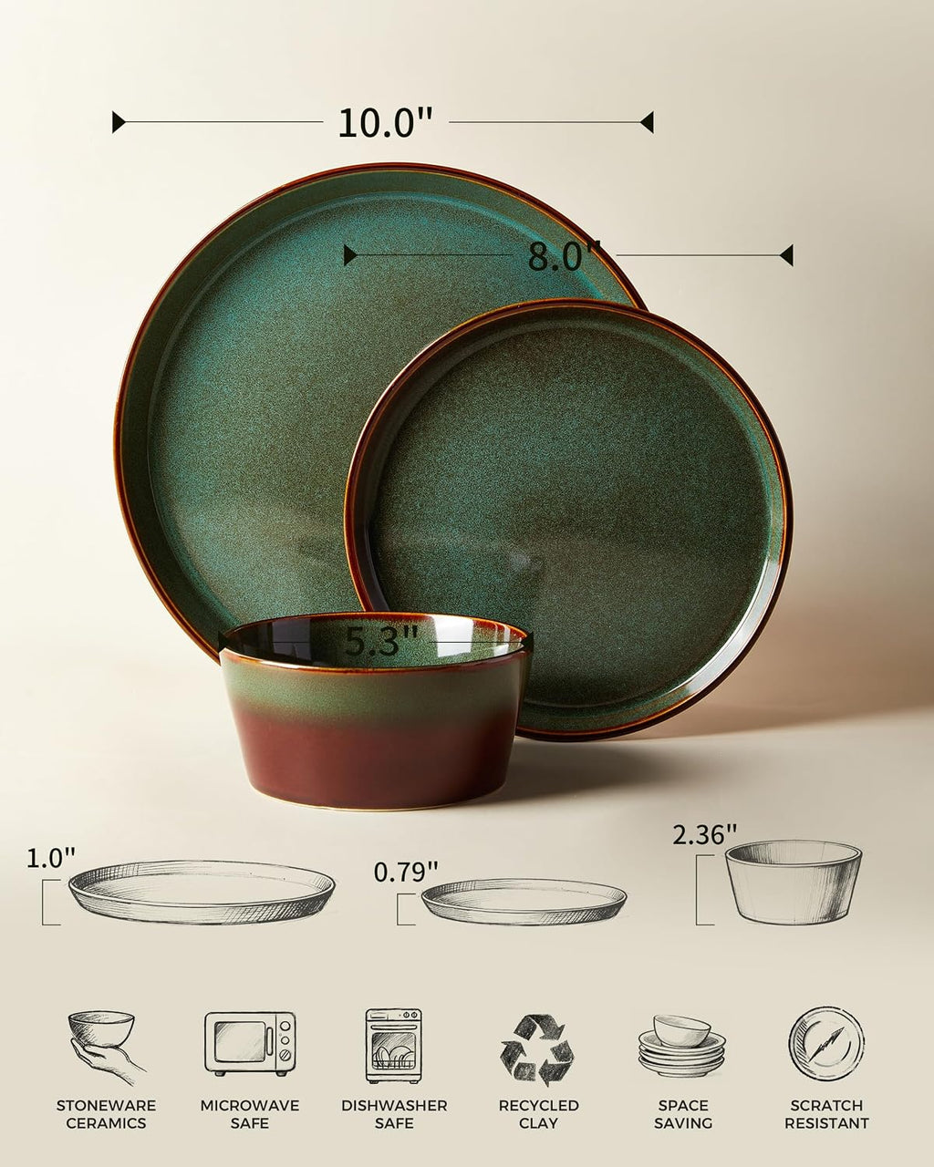 Pokini Plates and Bowls Sets for 8, Ceramic Dinnerware Sets, Kitchen Dish Set, Microwave & Dishwasher Safe Dishware, Highly Durable Handcrafted Dinner Set, Brown Green