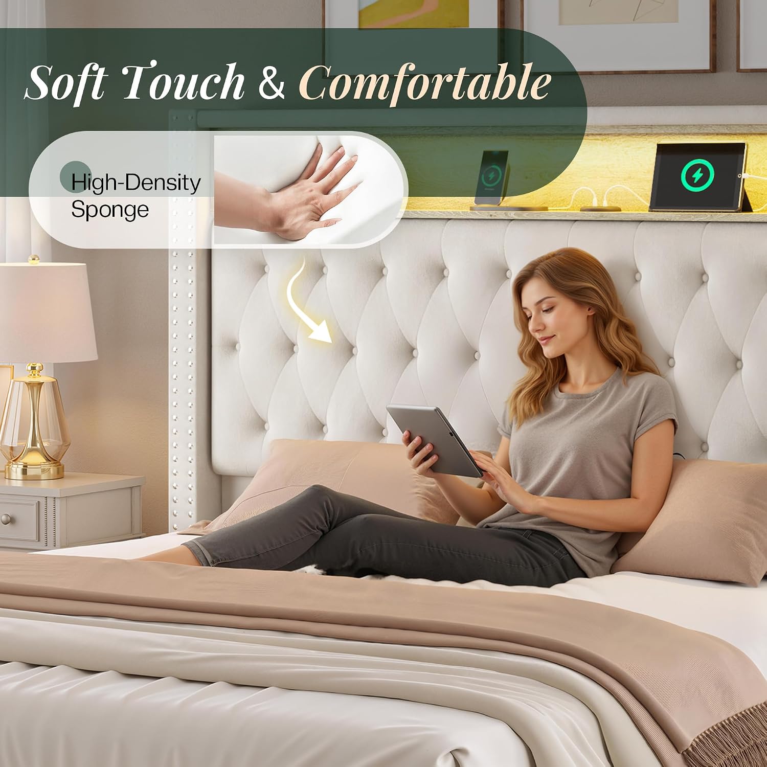 Jocisland 53.2'' Queen Size Bed Frame with Tall Storage Headboard, LED Lights & Charging Station, Velvet High Upholstered Button Tufted Wingback Platform Bed, No Box Spring Needed, Cream