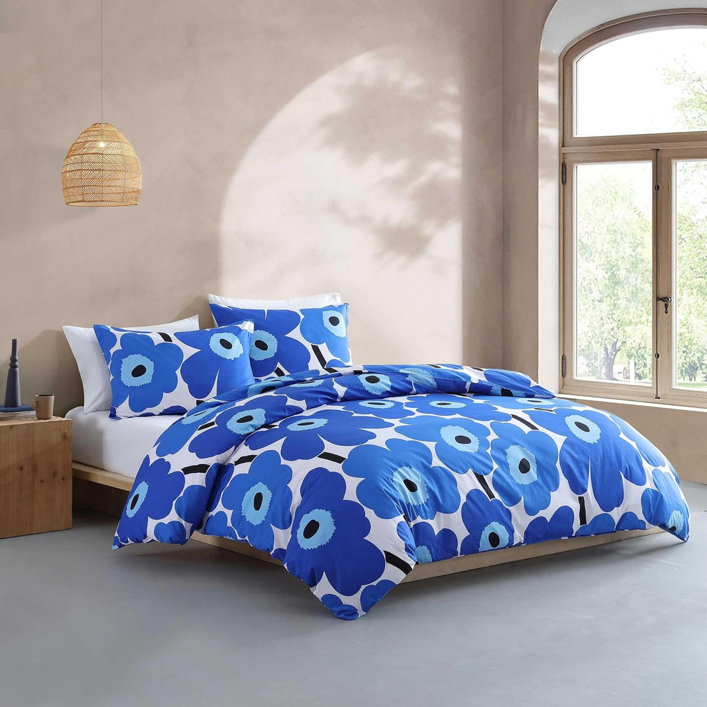 Marimekko - King Duvet Cover Set, Cotton Percale Reversible Bedding with Matching Shams, Floral Home Decor (Unikko Blue, King)
