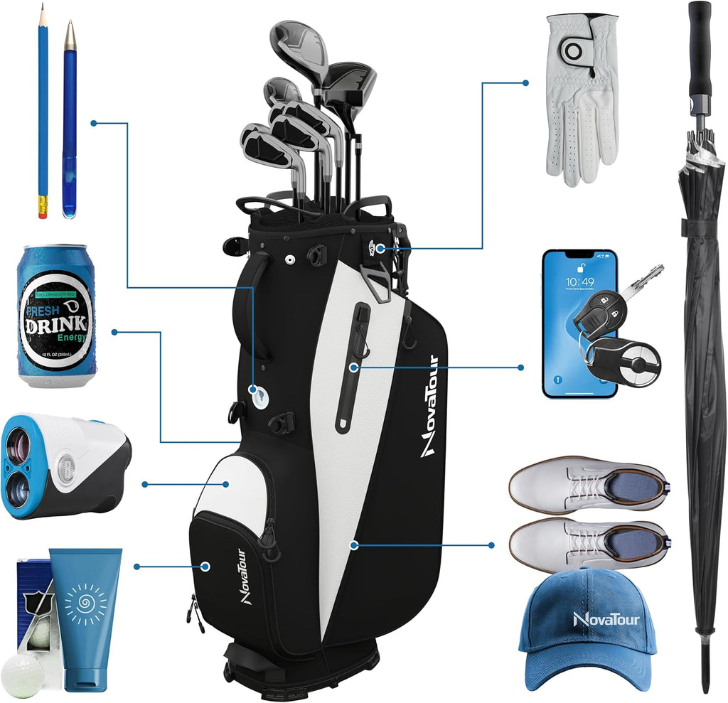 Golf Stand Bag - Lightweight Golf Bag with Stand and 7 Way Dividers, Dual Strap, Waterproof Pocket, Insulated Sleeve, Easy-Lift Handles and Swing-Cam Holder