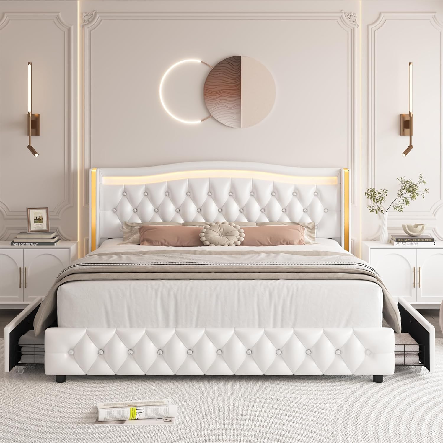 HIFIT Full Size LED Bed Frame with 4 Storage Drawers & Crystal Button-Tufted Wingback Headboard, Modern PU Upholstered Platform Bed Frame with No Box Spring Needed, Easy Assembly, White