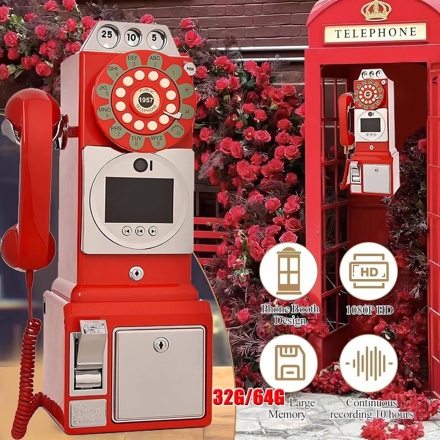 32G 64G New Audio Video Guestbook, 1080P Video Guestbook Wedding Phone, SD Card Customized Video Audio Guest Book with Lens Recording, Retro 1960's Style Vintage Audio Guest Book,Red-64G