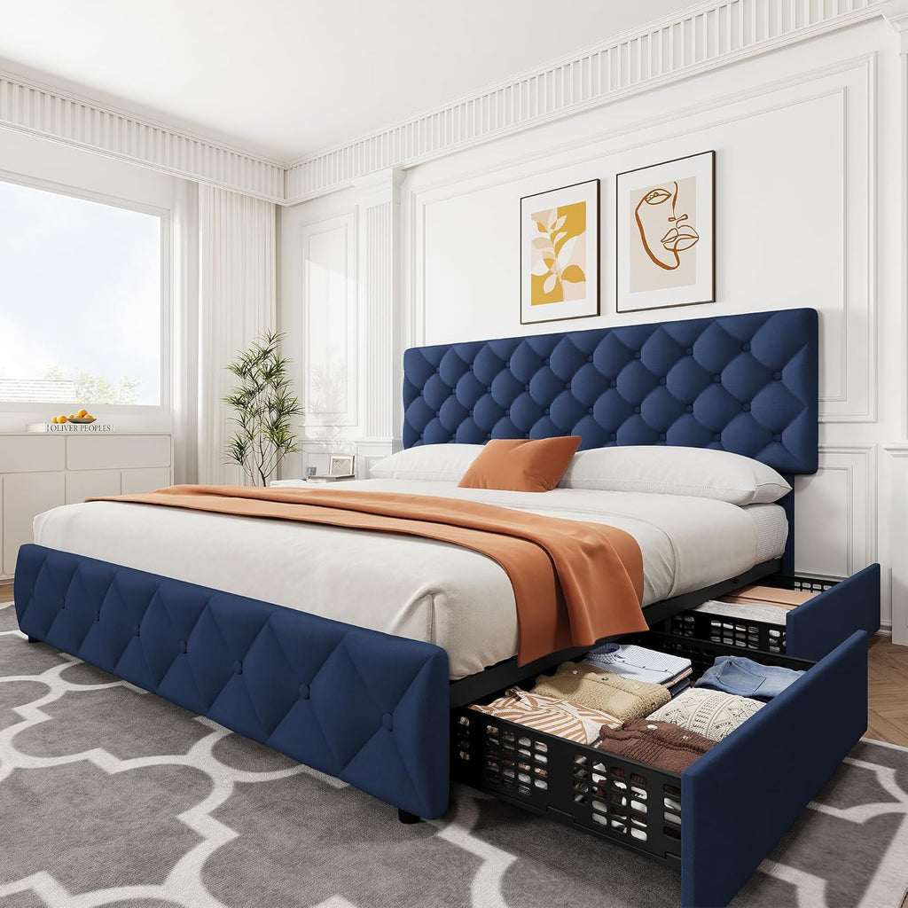 IDEALHOUSE King Size Bed Frame with 4 Storage Drawers and Adjustable Headboard, Linen Upholstered Platform Beds, Diamond Stitched Button Tufted, No Box Spring Needed, Blue