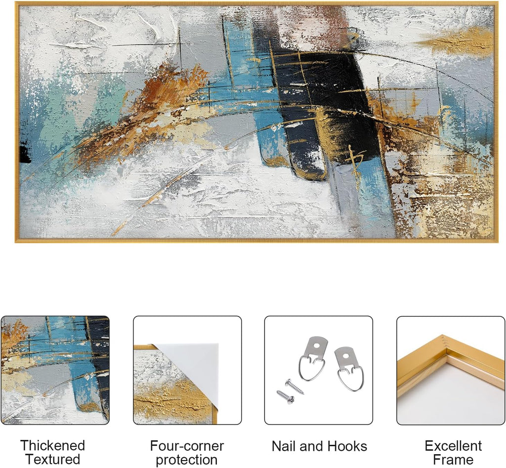Large 100% Handmade Abstract Oil Painting with Frame Modern Original Hand Painted Heavy Textured Wall Painting Blue Gold Grey Canvas Wall Art Wall Decor for Living Room Bedroom Office Hang 60x30 inch