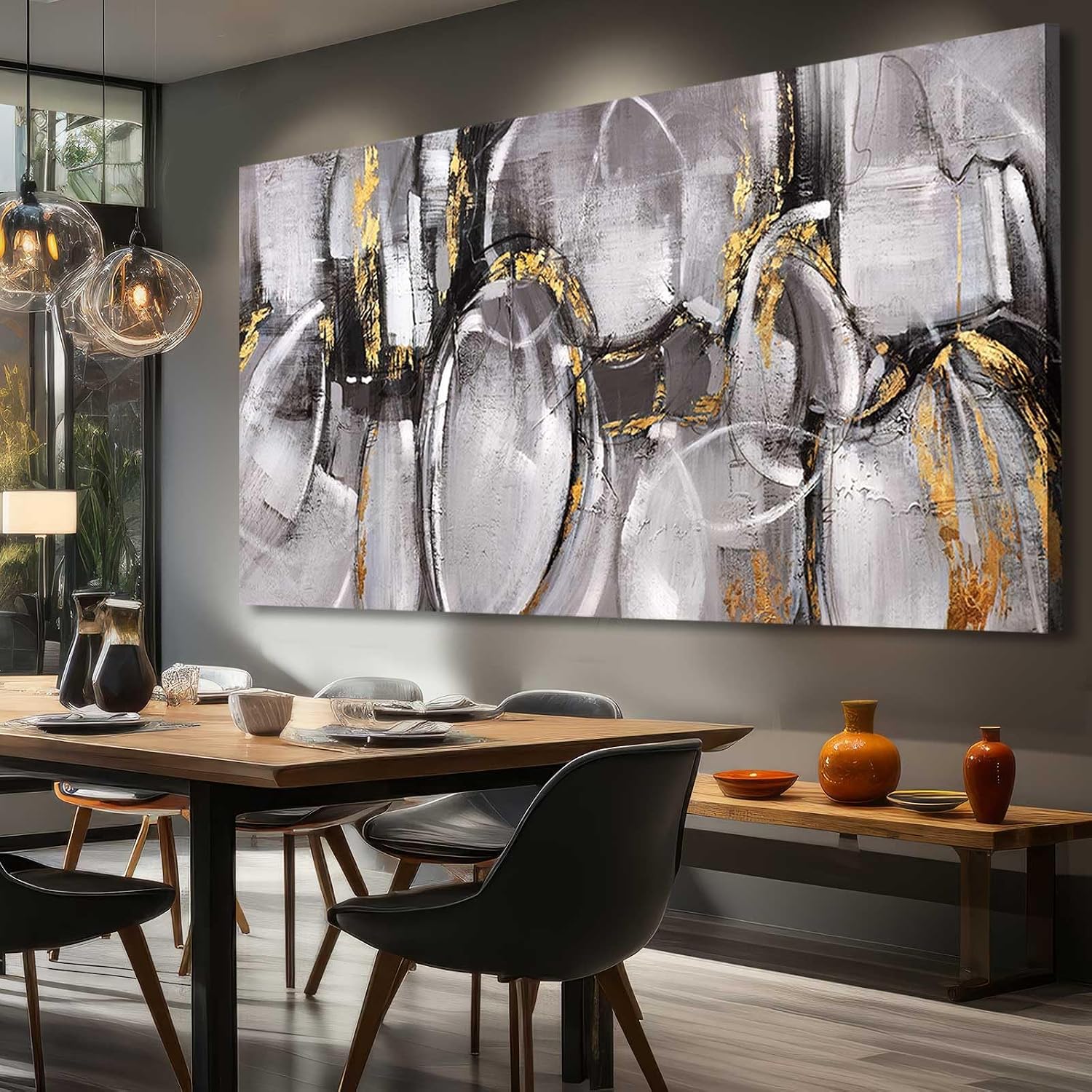 XIANSHOU Black and Grey Painting Pictures Abstract Wall Decor for Office 29'x 58' Modern Artwork Gold Foil Wall Art for Living Room Dining Room Bedroom
