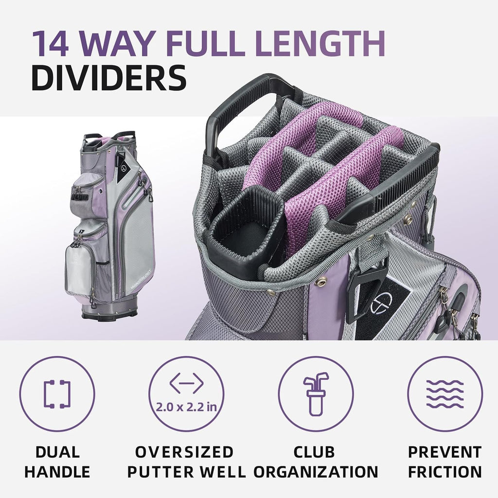 Max Lightweight Golf Cart Bag with Dual Handles and 14 Way Individual Full Length Dividers, Golf Club Bag with 11 Pockets, Large Putter Well, Double Strap Cooler for Men & Women
