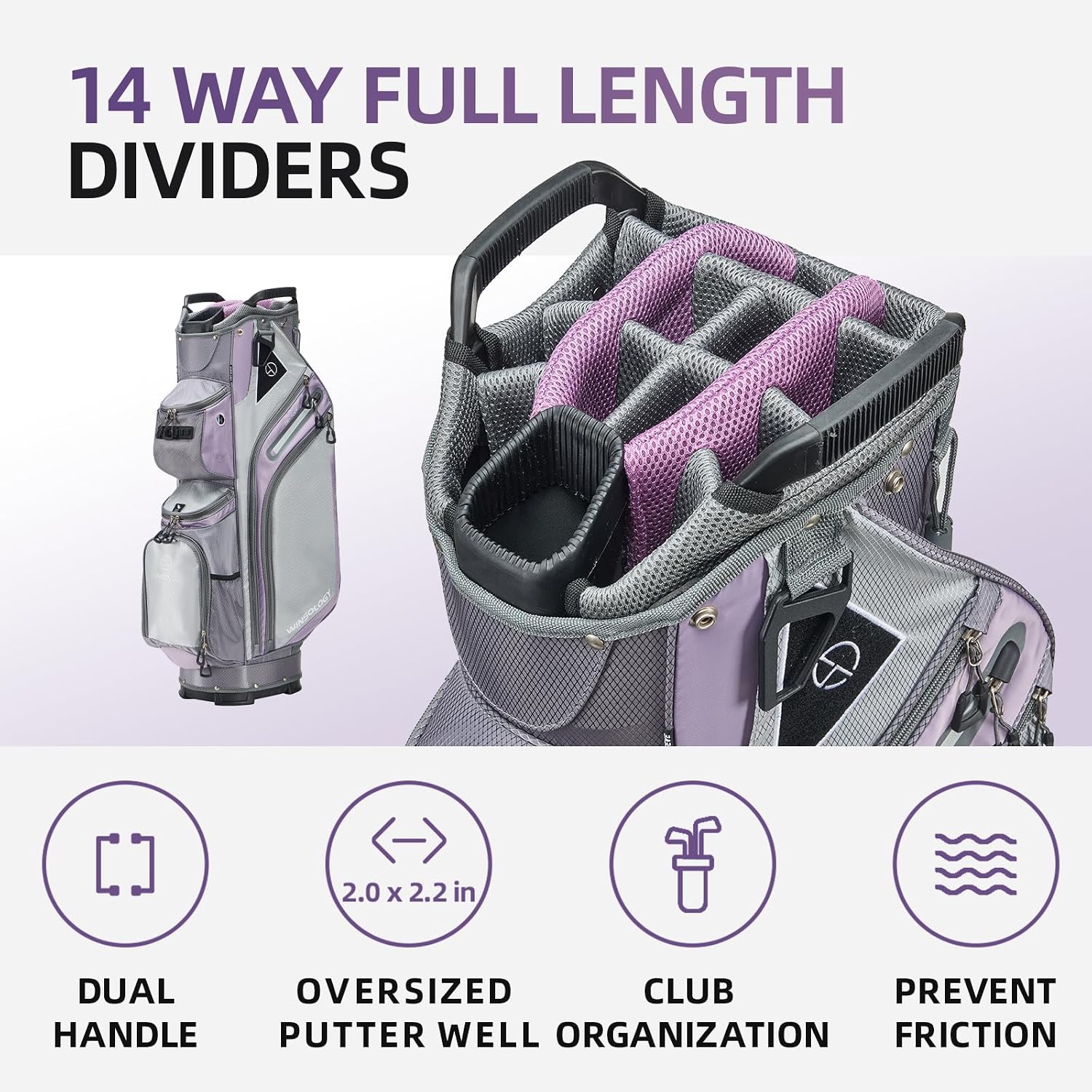 Max Lightweight Golf Cart Bag with Dual Handles and 14 Way Individual Full Length Dividers, Golf Club Bag with 11 Pockets, Large Putter Well, Double Strap Cooler for Men & Women