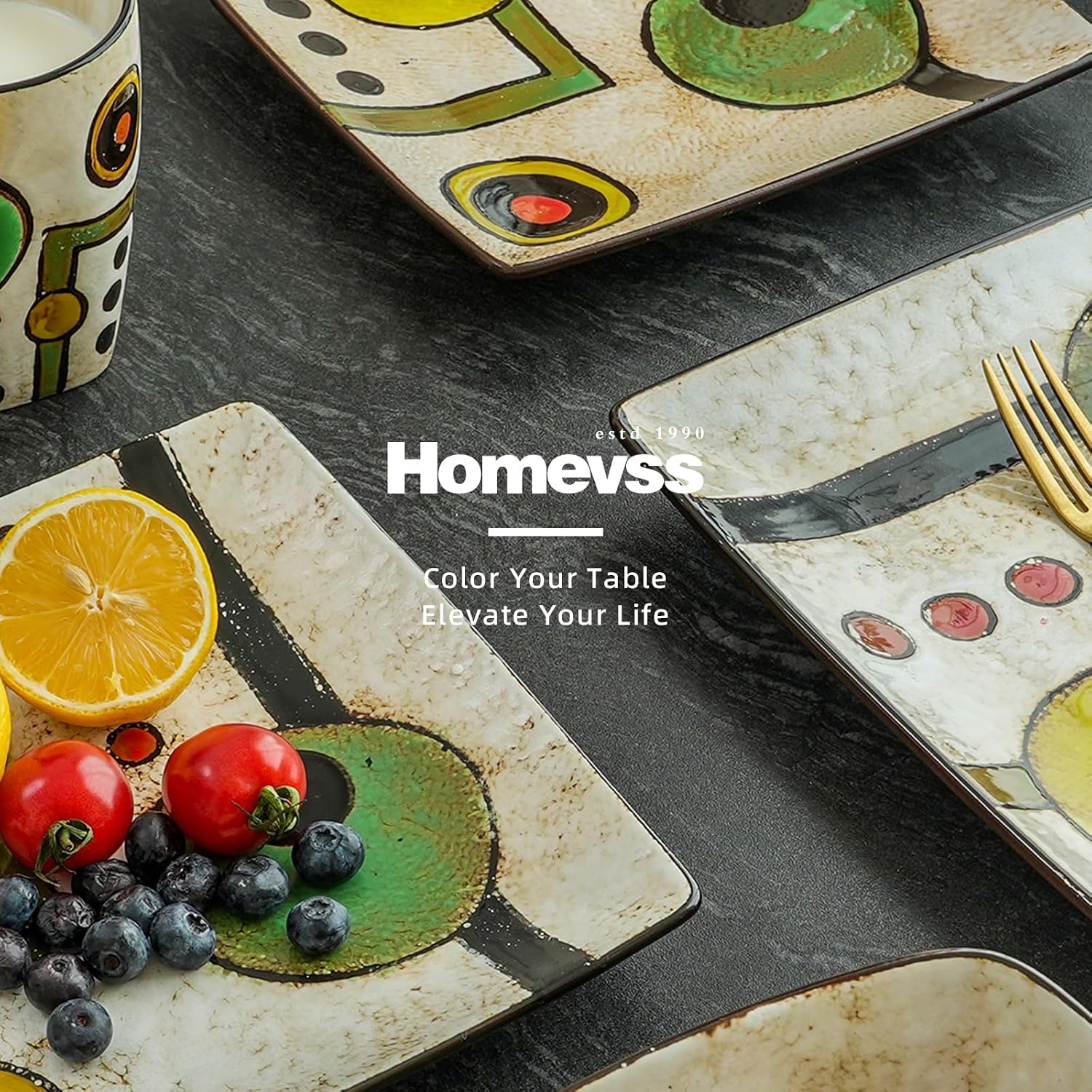 16pc Dinnerware Set, Stoneware Artisan Hand Painted Impressionism Pond, Reactive Glaze