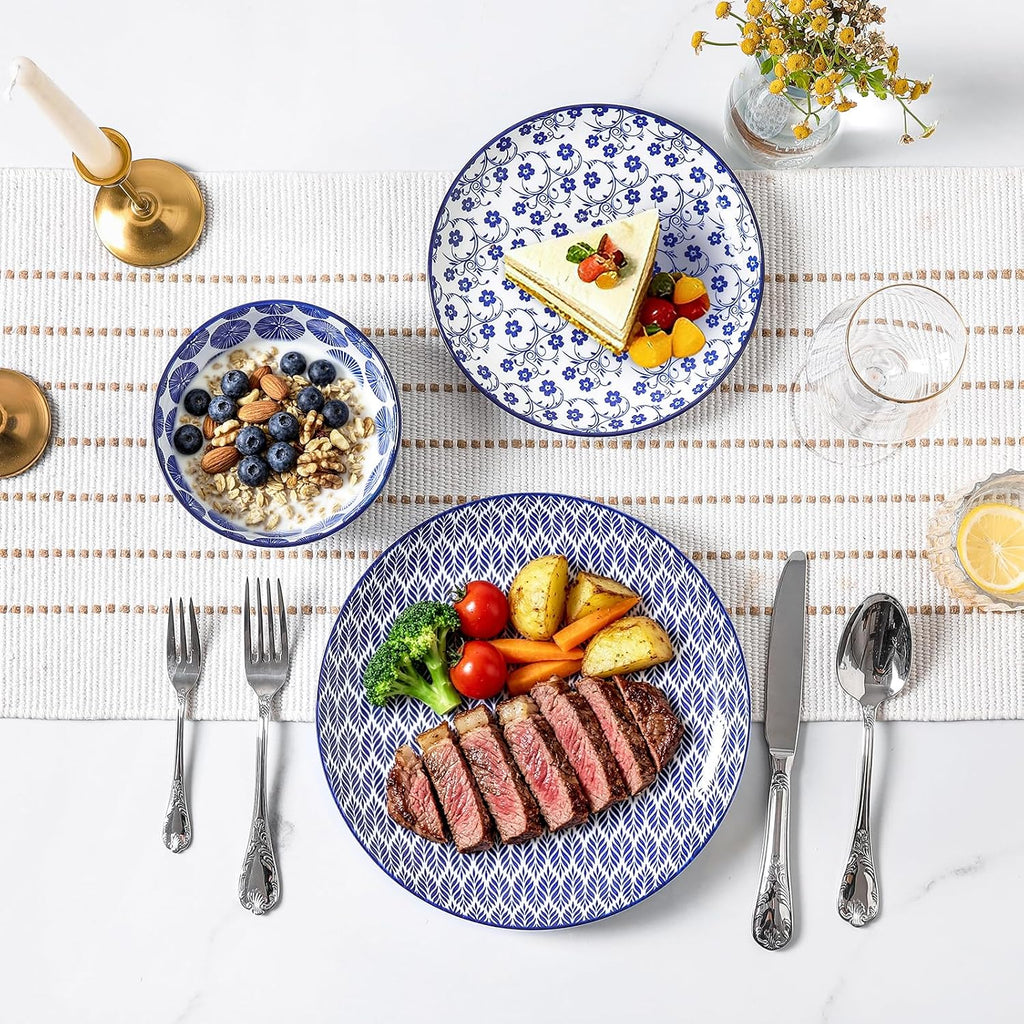 Selamica Ceramic Plates and Bowls Sets,24 Pieces Dinnerware Sets for 8,Scratch Resistant Dish Set for family gathering,Dishwasher & Microwave Safe, Vintage Blue