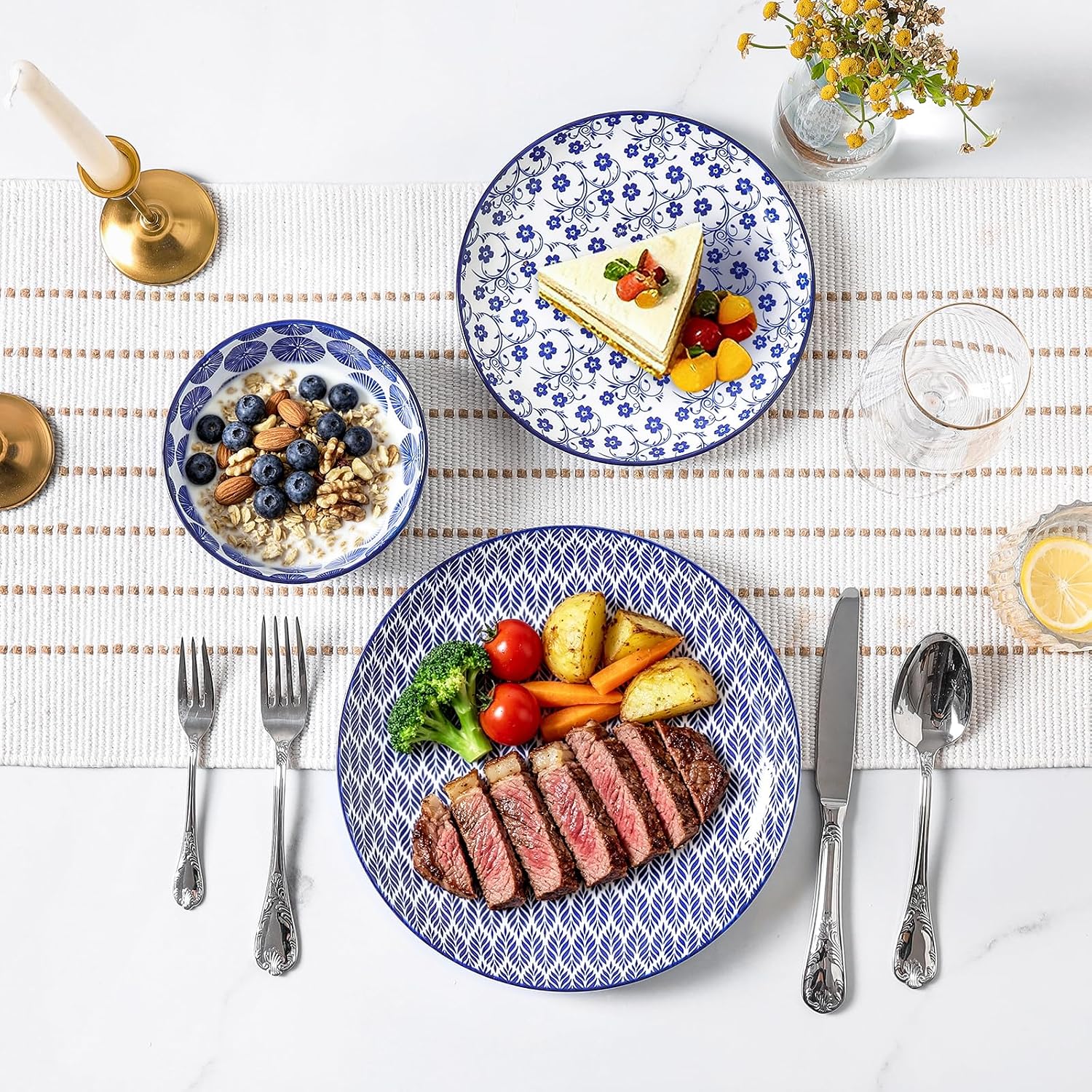 Selamica Ceramic Plates and Bowls Sets,24 Pieces Dinnerware Sets for 8,Scratch Resistant Dish Set for family gathering,Dishwasher & Microwave Safe, Vintage Blue