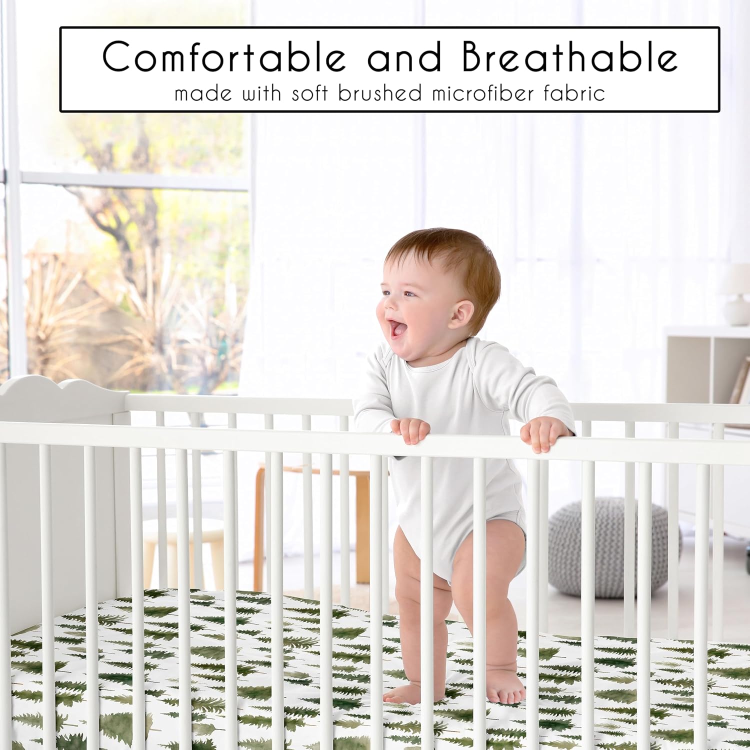 Sweet Jojo Designs 4-Piece Baby Crib Bedding Set (Sage Green Woodland) for Boys or Girls, Infants/Nursery incl. Blanket, Fitted Sheet, Skirt, Diaper Stacker (Forest Nature, Pine Tree, Christmas Trees)