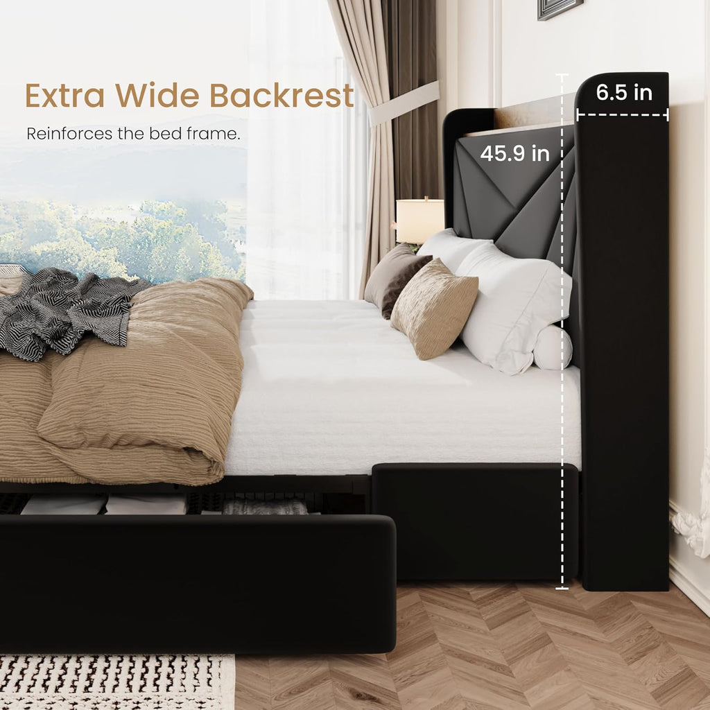 SHA CERLIN Full Size Bed Frame with 3 Drawers, USB & Type-C Charging Ports, Velvet Upholstered Platform Bed with Modern Geometric Wingback Storage Headboard, No Box Spring Needed, Easy Assembly, Black
