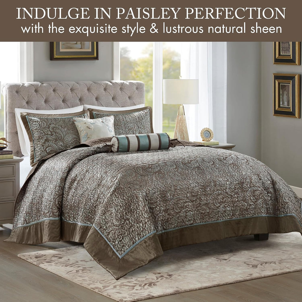 Madison Park Aubrey Reversible Quilted Bedspread Set, Solid Reverse Summer Breathable, Lightweight All Season Bedding Layer, Matching Shams, Bedspread Queen(102'x118'), Blue 5 Piece