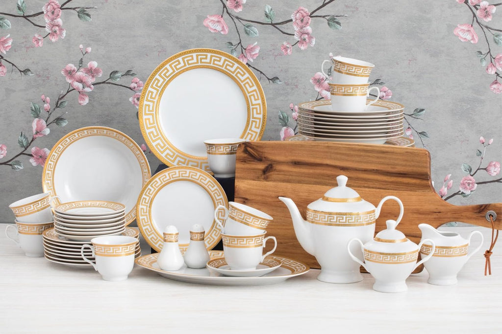 Vintage Dinnerware Set for 8-57 Piece Porcelain Dining Set - Gorgeous White and Gold Greek Key Design - Plates, Bowls, Cups and Saucers - For Everyday Use and Special Events (Meander Gold 2057)