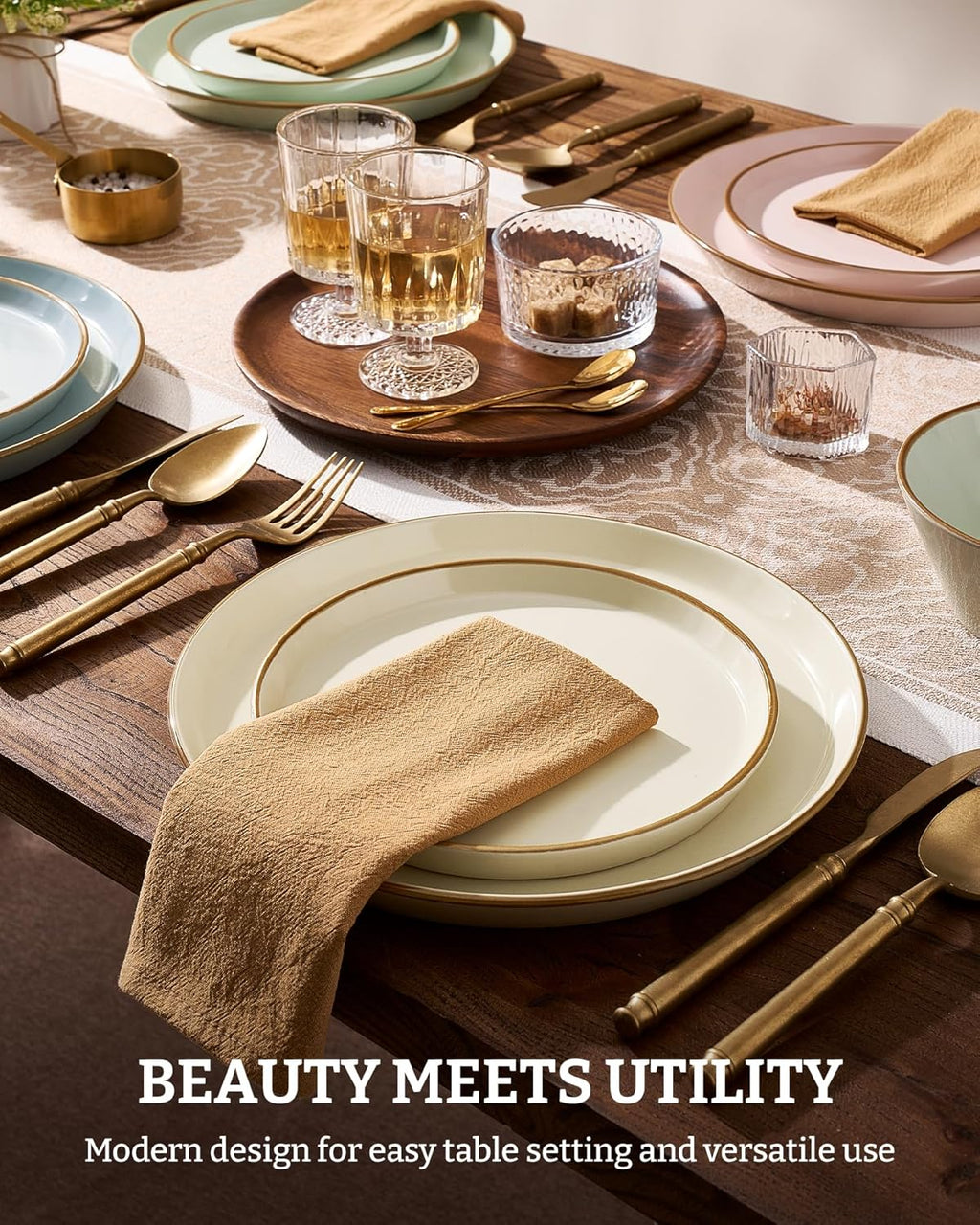 Famiware Saturn Stoneware Dinnerware Sets for 8 (24 Pieces), Ceramic Plates and Bowls Dish Sets with Hand-Painted Trim - Chip & Scratch Resistant, Microwave & Dishwasher Safe Tableware, Multi-color
