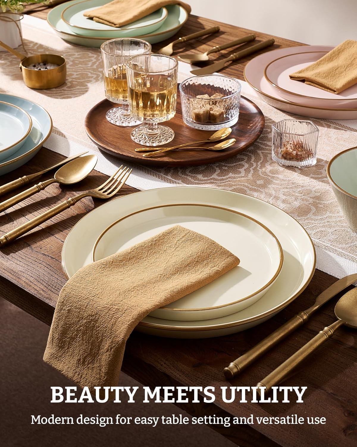 Famiware Saturn Stoneware Dinnerware Sets for 8 (24 Pieces), Ceramic Plates and Bowls Dish Sets with Hand-Painted Trim - Chip & Scratch Resistant, Microwave & Dishwasher Safe Tableware, Multi-color