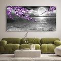 Large Purple Wall Art Decor for Living Room Bedroom Framed Black and White Seascape Full Moon Purple Flower Painting Canvas Picture Modern Hand-Painted Plum Blossom Artwork for Home Office