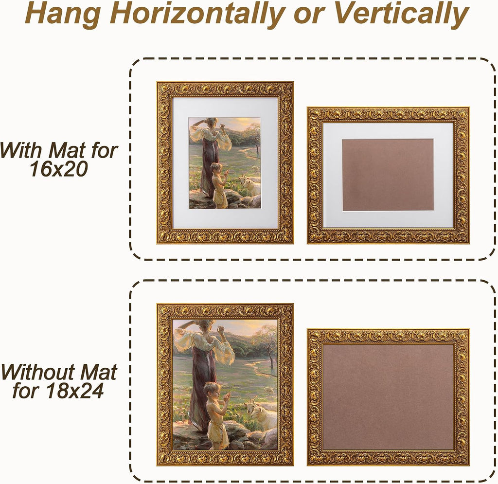 ArtXO 18x24 Picture Frame Gold, Display Pictures 16x20 with Mat or 18x24 Without Mat, Wall Hanging Photo Frame, Vintage Poster Frame Wooden