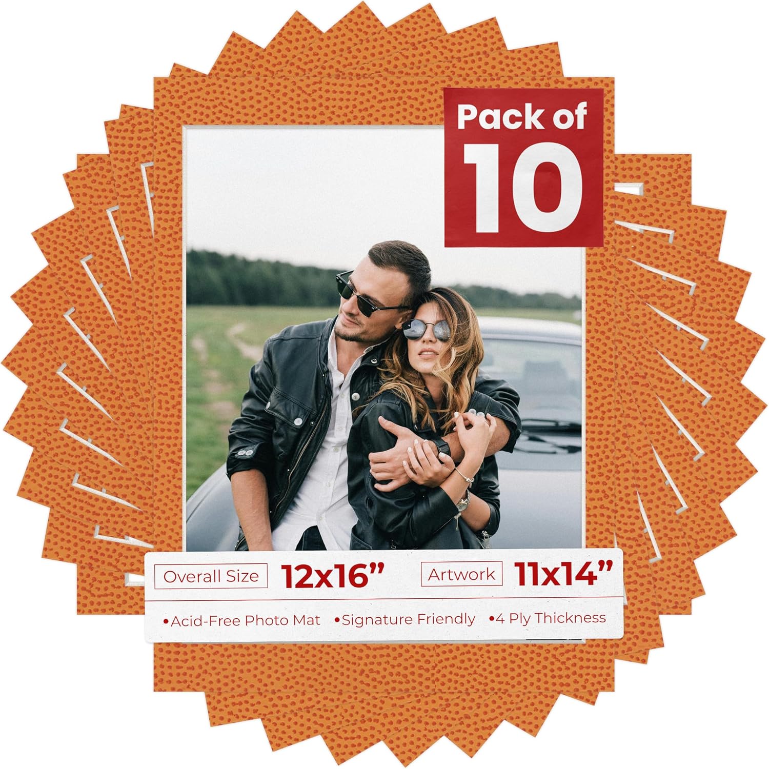 Pack of Ten Acid Free 12x16 Mats Bevel Cut for 11x14 Photos - Basketball Texture Precut Matboards With Backing Boards and Self Seal Photo Mat Bags For Pictures, Photos, Framing - 4-ply Thickness