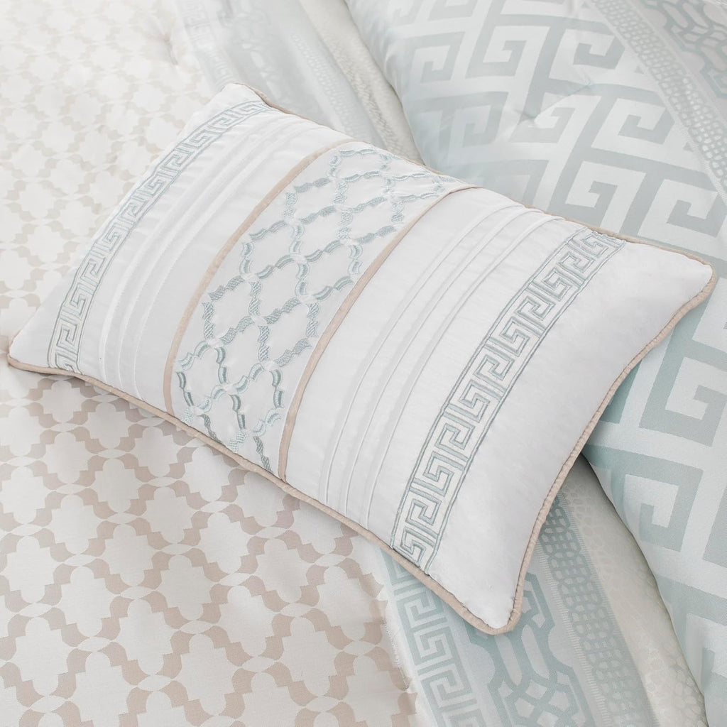 Madison Park Luxury Comforter Set-Traditional Jacquard Design All Season Down Alternative Bedding, Matching Bedskirt, Decorative Pillows, Cal King(104'x92'), Bennett, Geometric Aqua, 7 Piece