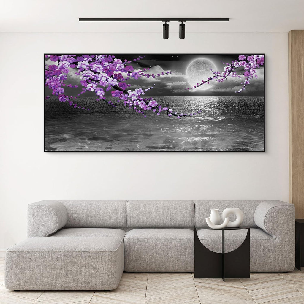 yiijeah Large Purple Wall Art Decor for Living Room Bedroom Framed Black and White Seascape Full Moon Purple Flower Painting Canvas Picture Modern Hand-Painted Plum Blossom Artwork for Home Office