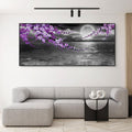 yiijeah Large Purple Wall Art Decor for Living Room Bedroom Framed Black and White Seascape Full Moon Purple Flower Painting Canvas Picture Modern Hand-Painted Plum Blossom Artwork for Home Office