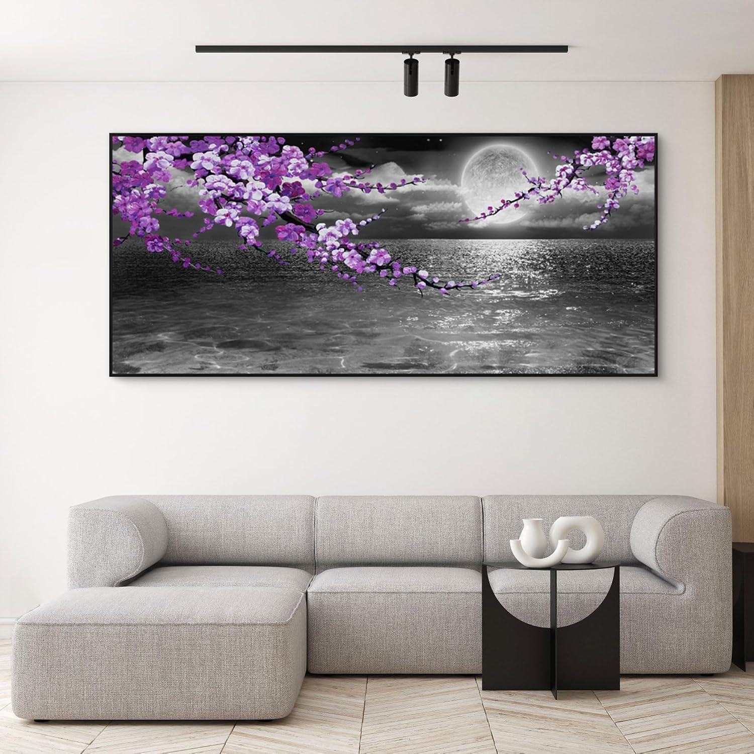 yiijeah Large Purple Wall Art Decor for Living Room Bedroom Framed Black and White Seascape Full Moon Purple Flower Painting Canvas Picture Modern Hand-Painted Plum Blossom Artwork for Home Office