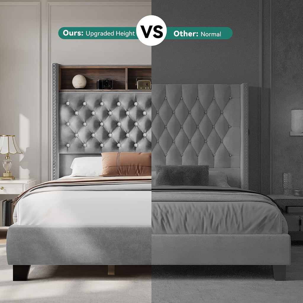 YITAHOME Queen Size Bed Frame with 58' Tall Headboard, Storage Headboard Bed with USB Charging Stations, Type-C Port, Velvet Upholstered Beds with Deep Button Tufted, No Box Spring Needed, Grey