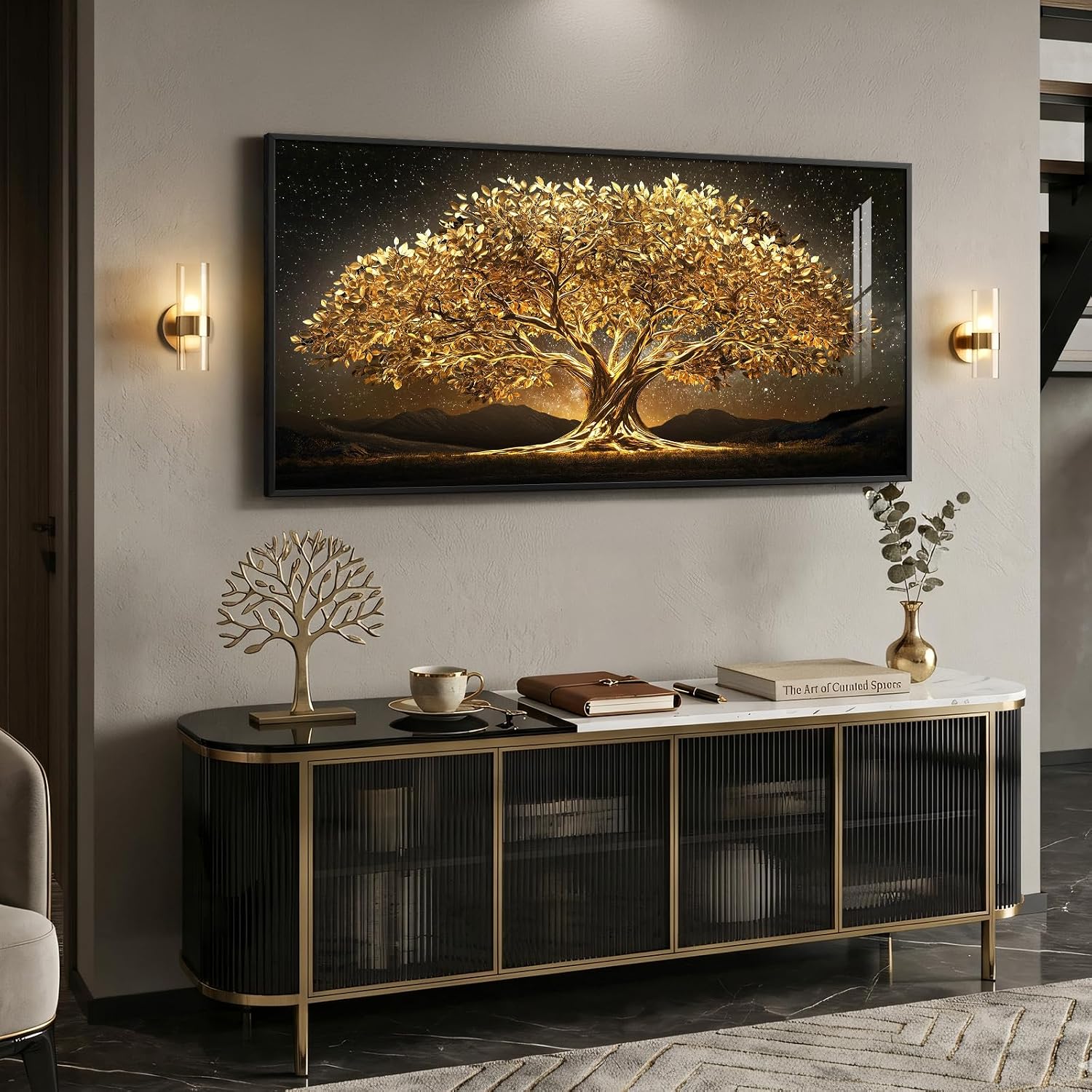 Large Framed Black and Gold Tree of Life Wall Art, Modern Luxury Tree Painting Print Artwork for Walls, Contemporary Dark Elegant Glam Picture for Living Room Bedroom Office Wall Decor, 60x30 Inch