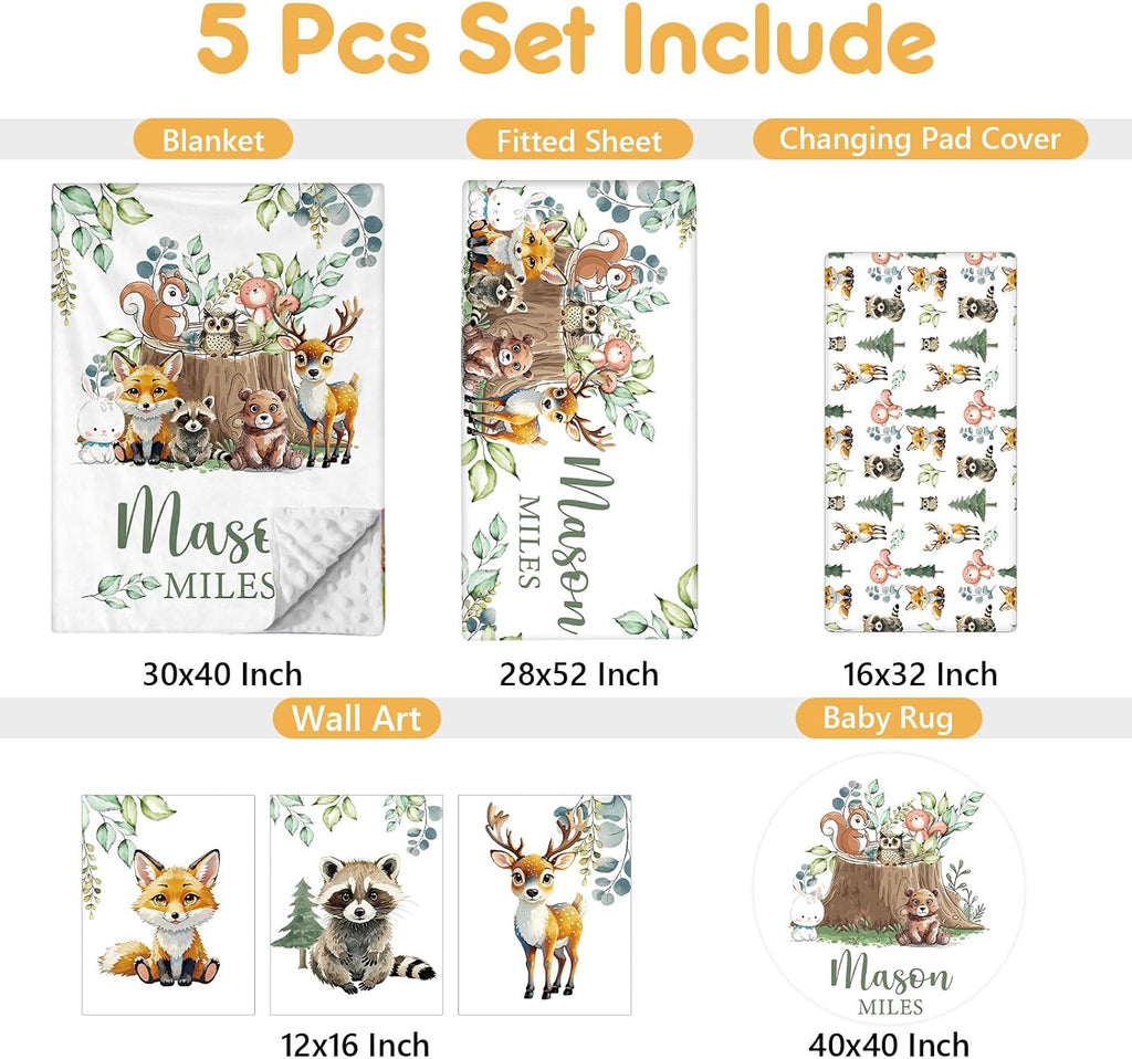 Terwex Personalized Baby Bedding Set, 5 Pcs Custom Baby Crib Sets with Name, Toddler Bedding Set for Baby Boys Girls, Forest Animal Double Layer Nursery Bedding Set, Customized Gifts for Infants Kids
