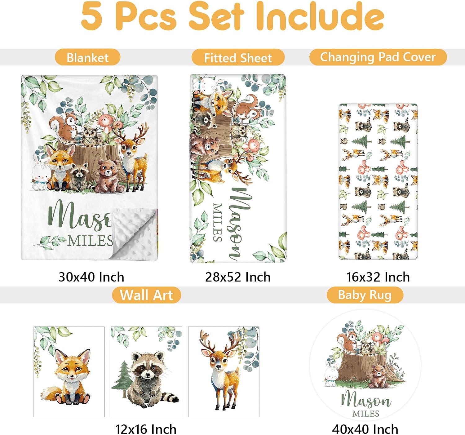 Terwex Personalized Baby Bedding Set, 5 Pcs Custom Baby Crib Sets with Name, Toddler Bedding Set for Baby Boys Girls, Forest Animal Double Layer Nursery Bedding Set, Customized Gifts for Infants Kids