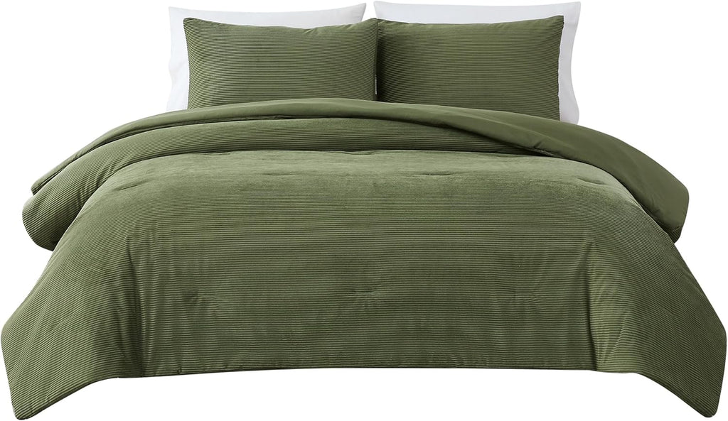 Lush Decor Arden Ribbed Corduroy Comforter 3 Piece Set Full/Queen Olive - Green Bedding Set - Soft Velvet Comforter - Teen Bedding - Retro Decor