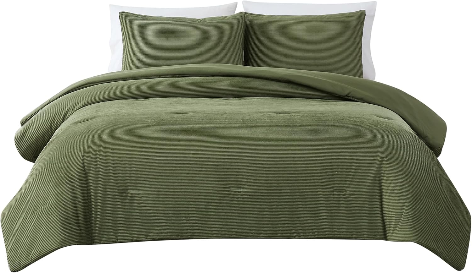 Lush Decor Arden Ribbed Corduroy Comforter 3 Piece Set Full/Queen Olive - Green Bedding Set - Soft Velvet Comforter - Teen Bedding - Retro Decor