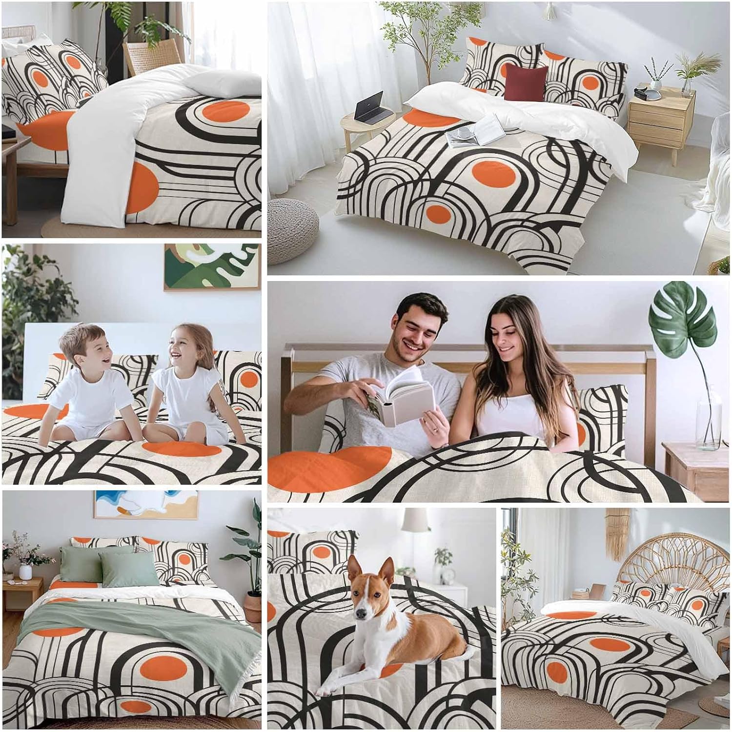 Black Orange Duvet Cover Set Queen Size 4 Pieces Abstract Line Boho Minimalist Mid Century Arch Geometric Bedding Set with Zipper Closure, 1 Comforter Cover 86x86 Inches 1 Flat Sheet & 2 Pillow Cases