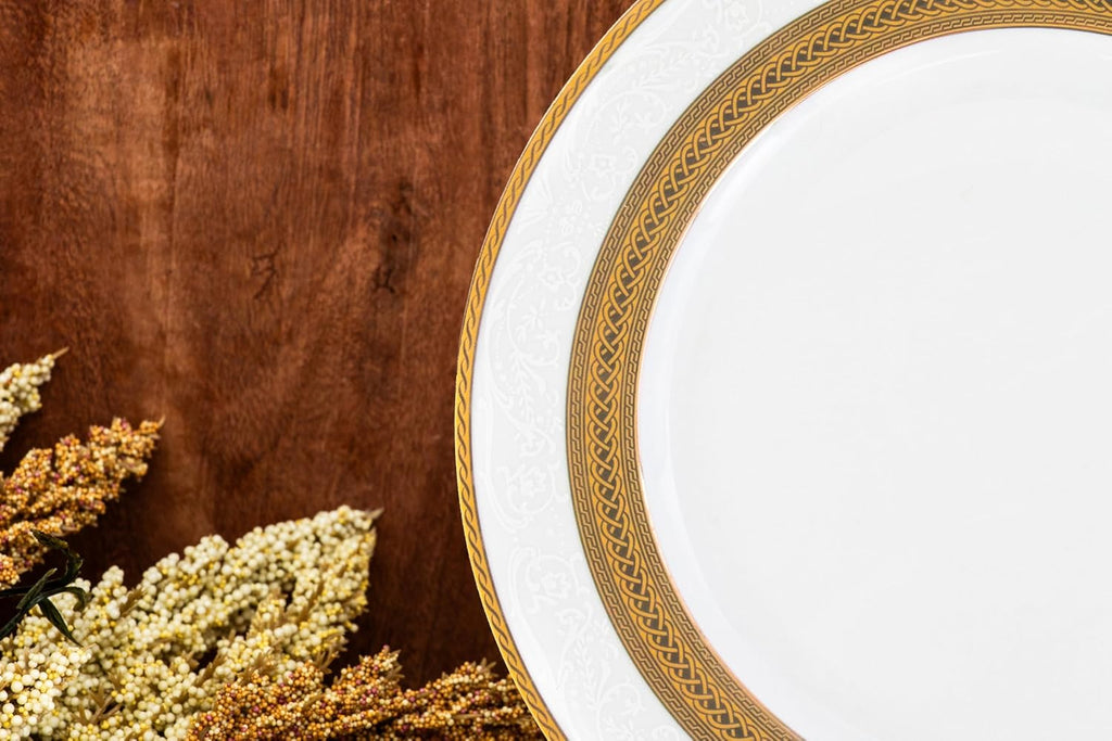 40 Piece Luxurious Dinnerware Sets for 8 – Includes Plates, Mugs, Bowls – White and Gold Rope Design Dish Set for Kitchen Table, Everyday Dining or Formal Use (Rope Gold)