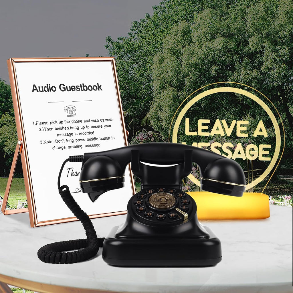 Audio Guest Book Phone, Retro Style Antique Audio guestbook Phone with Free LED Wedding Sign and A5 Vertical Photo Frame (Black)