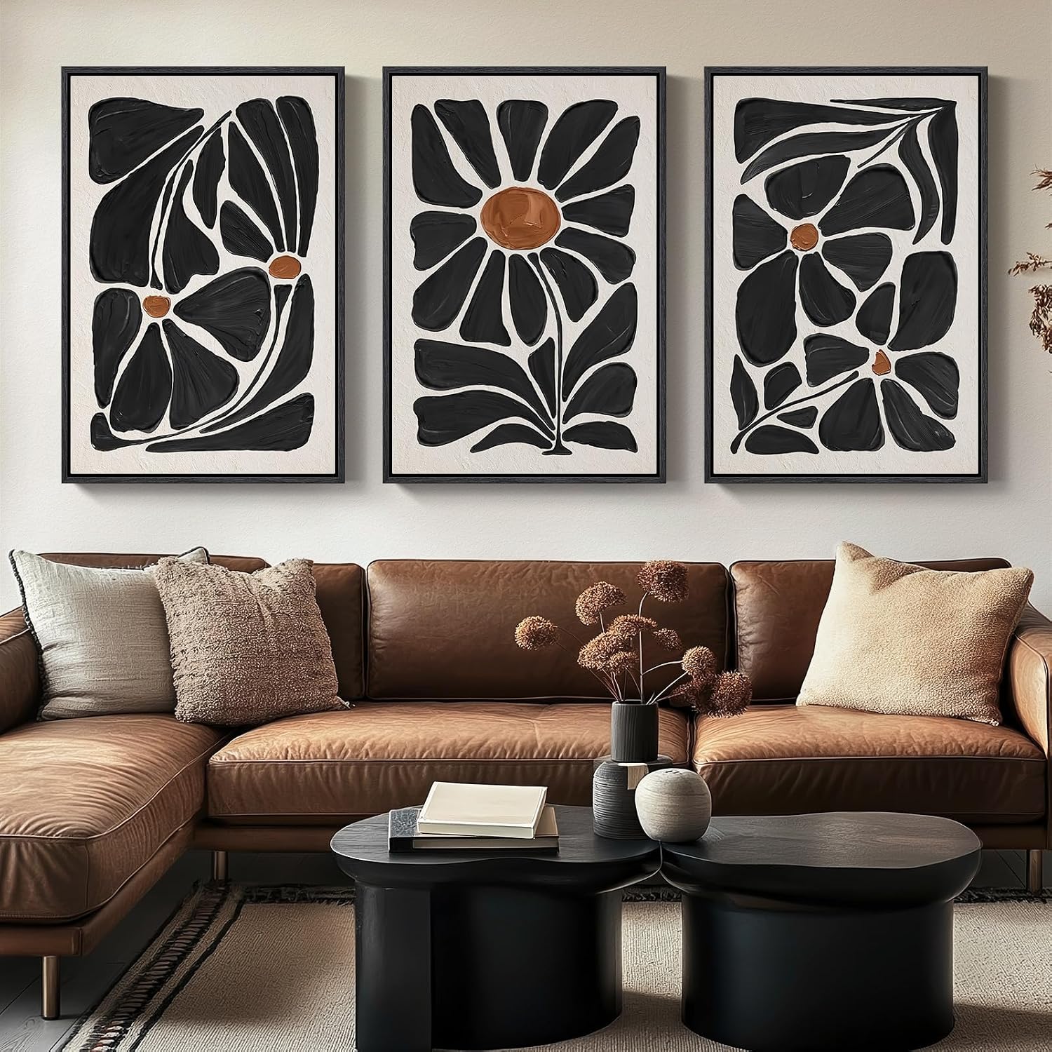 Large Framed Boho Floral Wall Art for Living Room, 3 Piece Mid-Century Modern Abstract Botanical Canvas Painting Prints Artwork for Walls, Black and White Flowers for Bedroom Hallway Office, 24x36