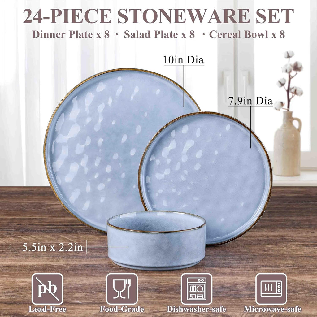 Herogo 24 Pieces Dinner Plates and Bowls Sets for 8, Stoneware Dinnerware Sets for Kitchen Dining, Reactive Glaze, Dishwasher & Microwave Safe, Haze Blue