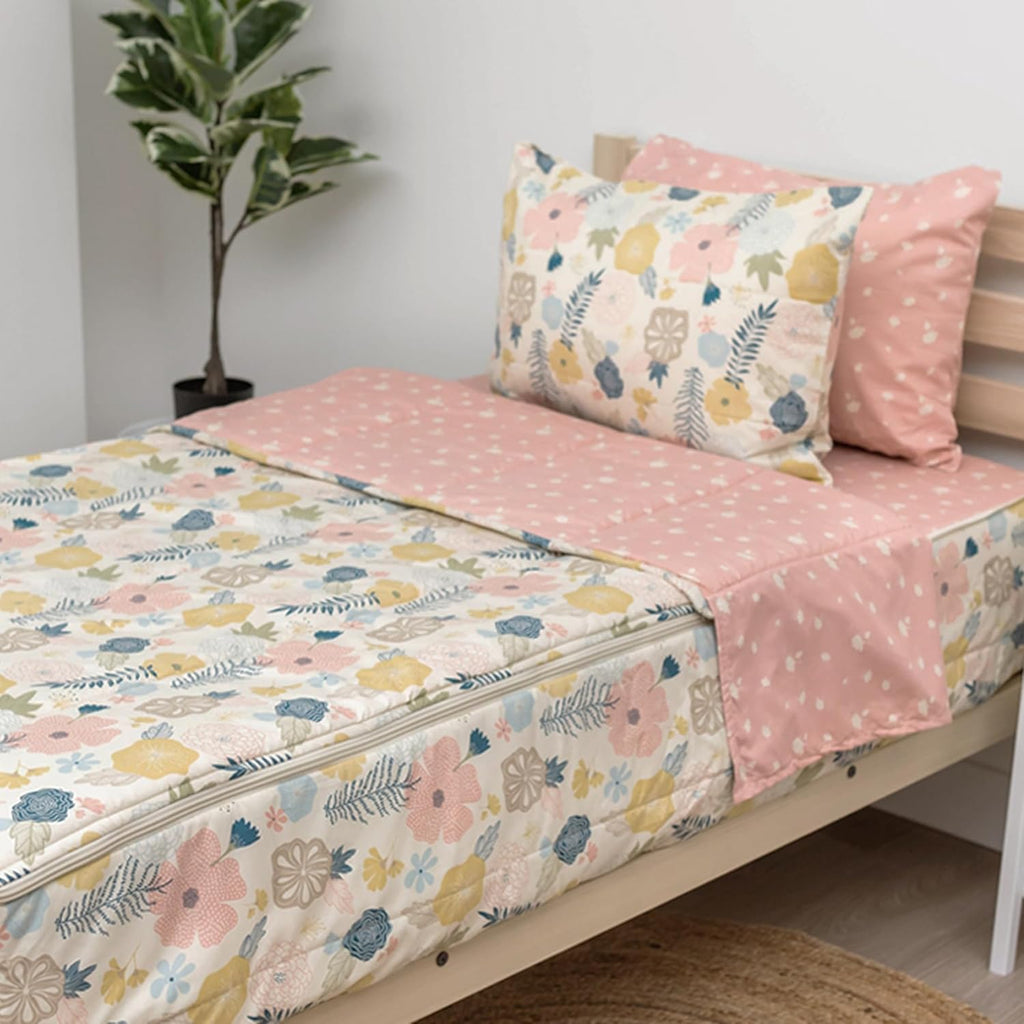 Beddy's Flower Blossoms Durable Zipper Bedding for Kids - Bed in a Bag - Pink Floral Sheets and Comforter - Includes Pillowcase & Sham - Easy to Make & Wash - Twin