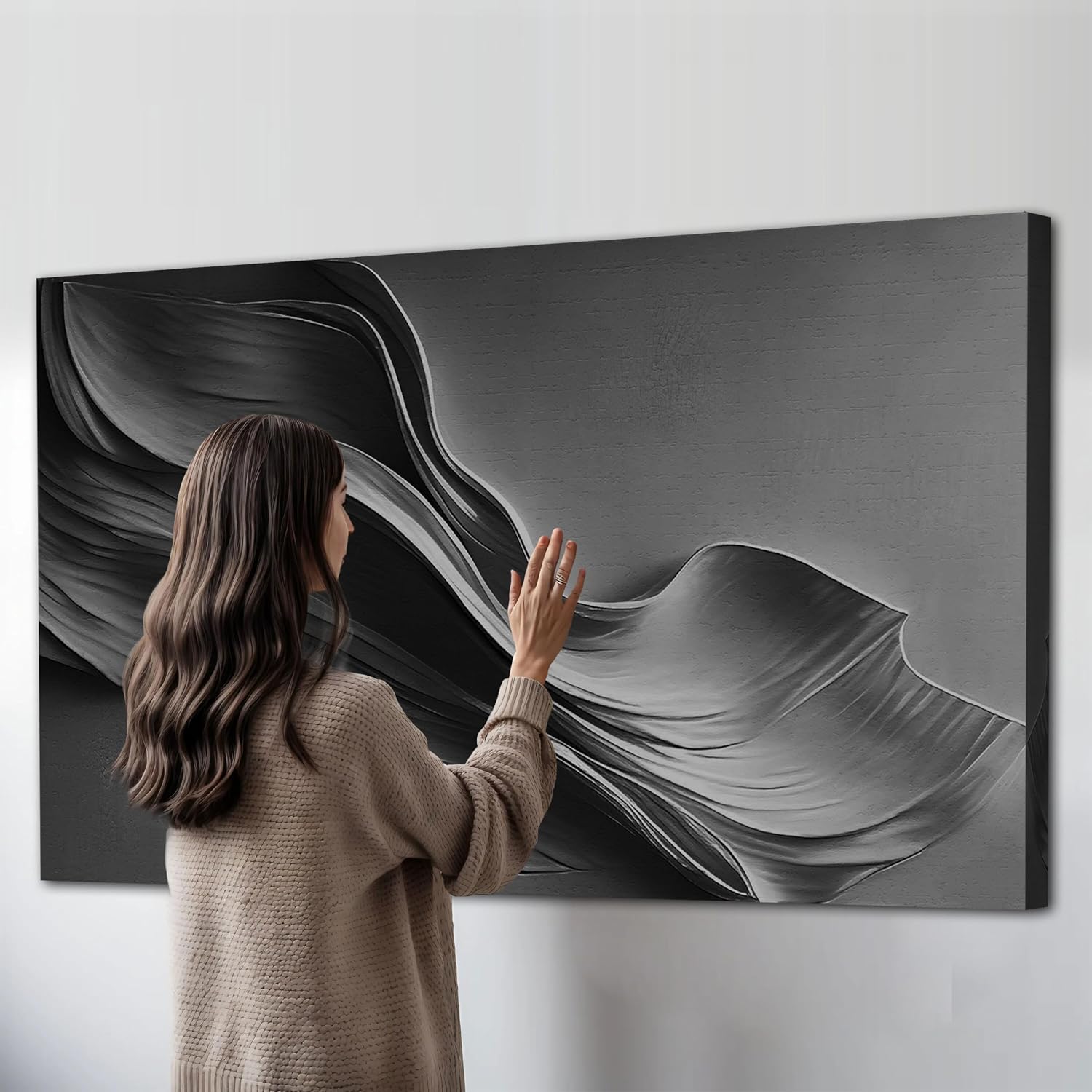 TAILORED CANVASES Black Abstract Minimalist Wall Art – Modern Waves Design for Living Room or Office - Black Tones Canvas Painting Decor – Contemporary Wall Accent in Minimalist Abstract Style 60x30