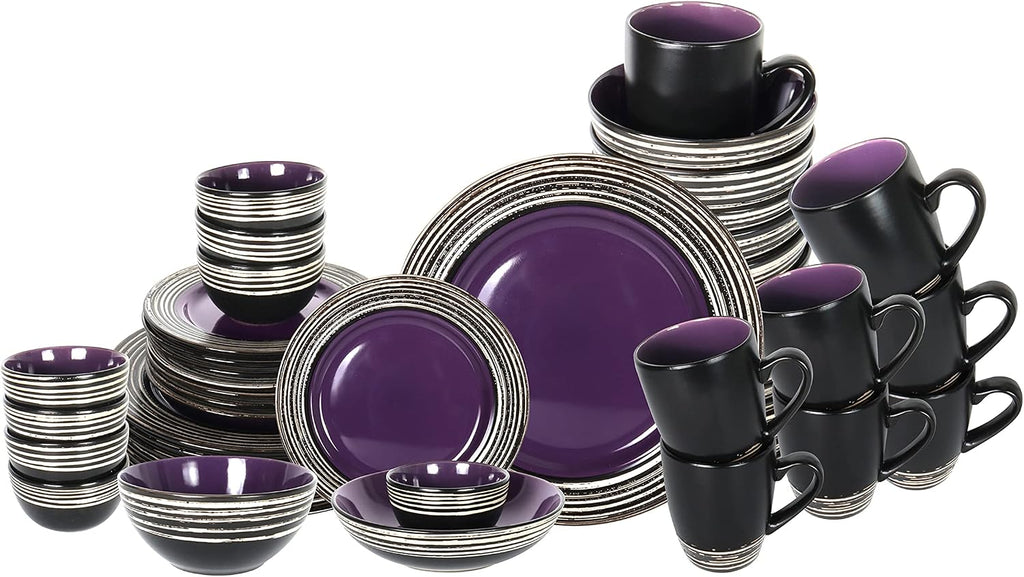 48 Piece Dinnerware Set, Ceramic Plates and Bowls Sets for 8, Microwave and Dishwasher Safe, Handcrafted Tree Bark Series Dish Set, Lavender/Purple