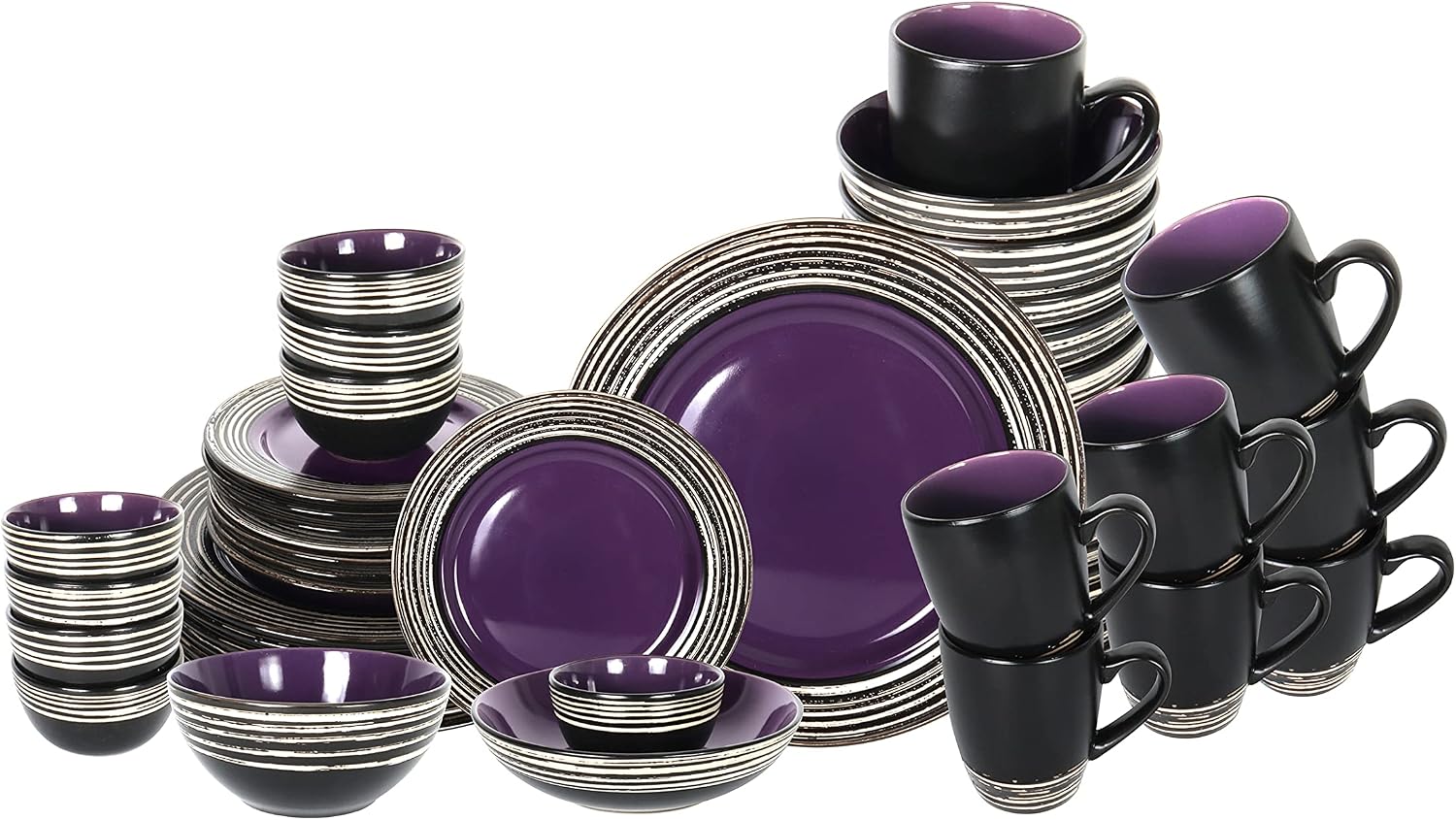 48 Piece Dinnerware Set, Ceramic Plates and Bowls Sets for 8, Microwave and Dishwasher Safe, Handcrafted Tree Bark Series Dish Set, Lavender/Purple