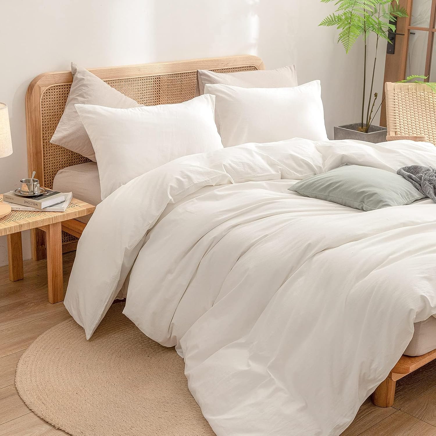 BESTOUCH Duvet Cover Set 100% Washed Cotton Linen Feel Super Soft Comfortable Chic Lightweight 3 PCs Home Bedding Set Solid Off White Alaska King