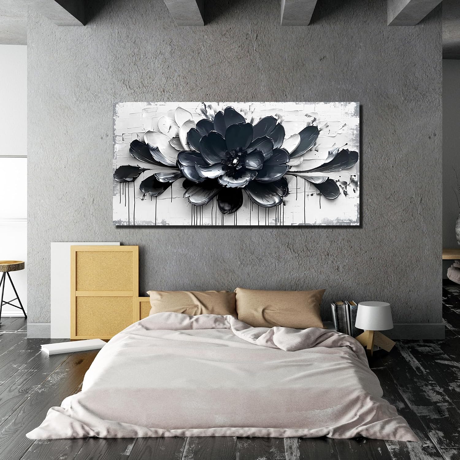 GUGIKA Flower Wall Art for Bedroom, Blue Black and White Canvas Wall-Decor for Lving Room, Floral Picture Print Artwork for Office, Large Size 59 x 29 Inches